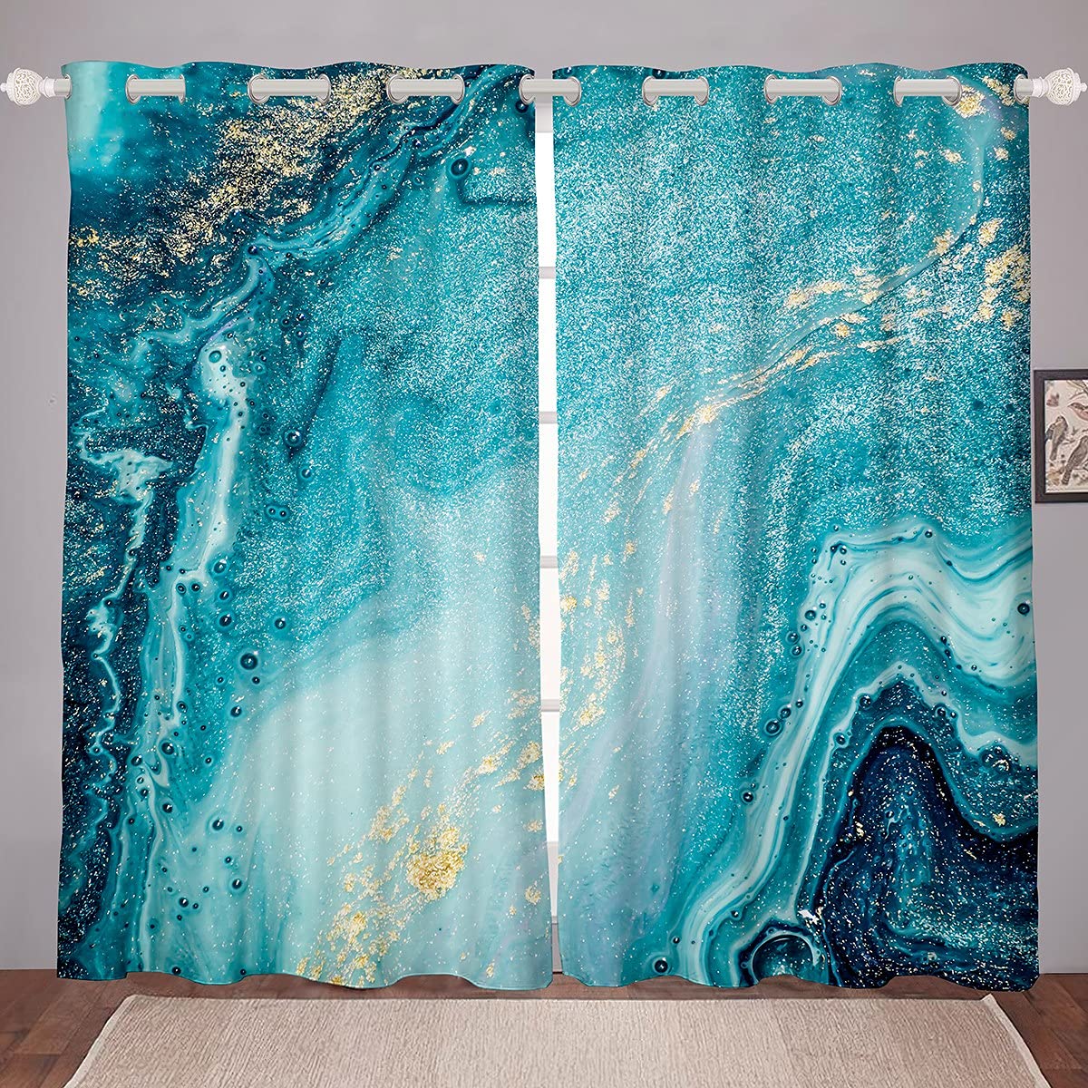 Loussiesd Marble Curtains for Living Room, Teal Blue Marble Window Curtain, Teal Gold Liquid Room Curtains for Bedroom Quicksand Turquoise Drapes (2 Panels) W46*L72 — image 1