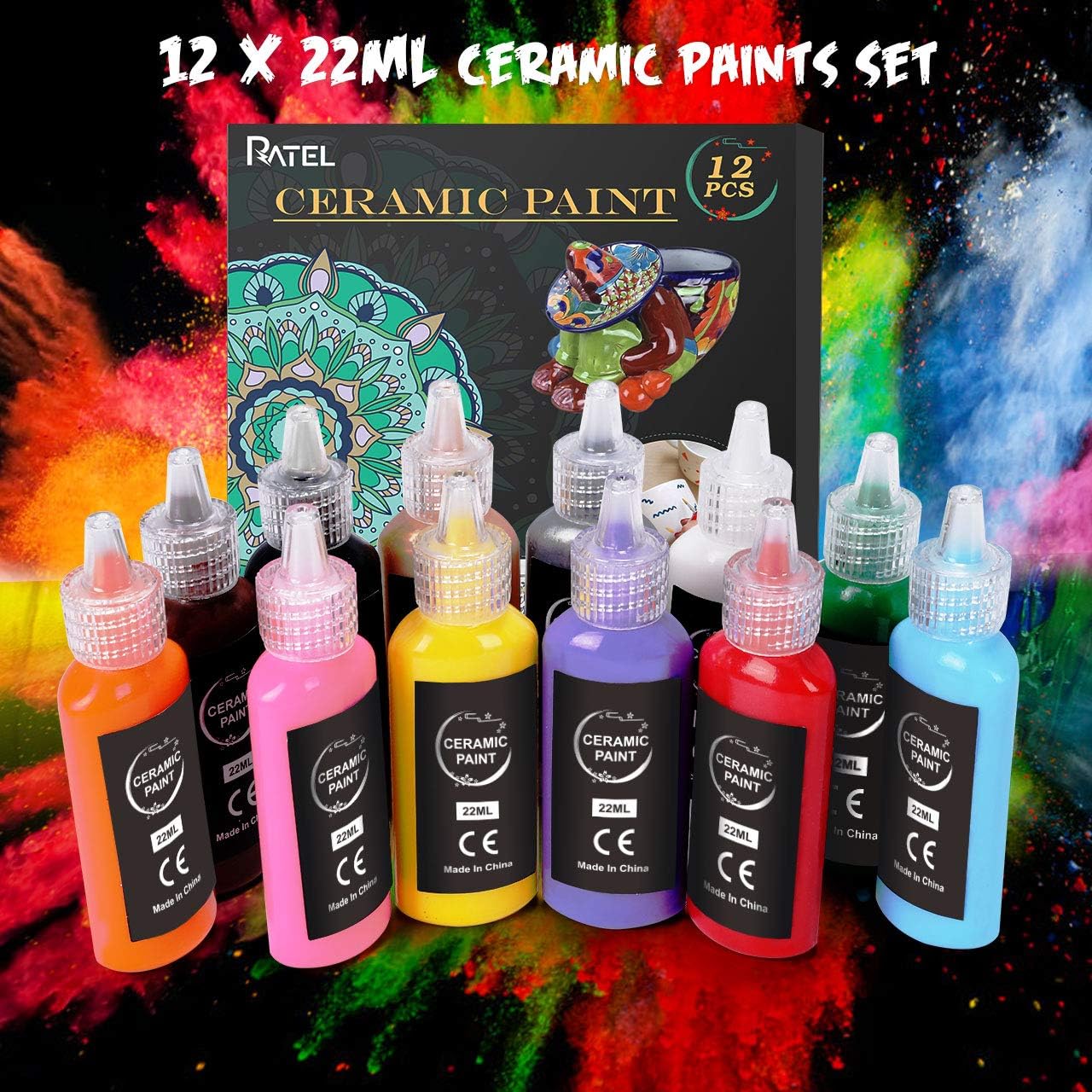 Ratel Ceramic Paint Set: 12 x 22ml Water Resistant Porcelain Paint with 3 Brushes, Ideal for DIY Mugs Cups, Plates - Image 5