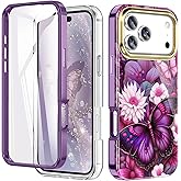Turquiase Cute Flower Case for iPhone 17 Pro 6.3 inch Built with Screen Protector, Lightweight and Stylish Full Body Shockproof Protective Rugged TPU Case for Women/Girls-Butterfly