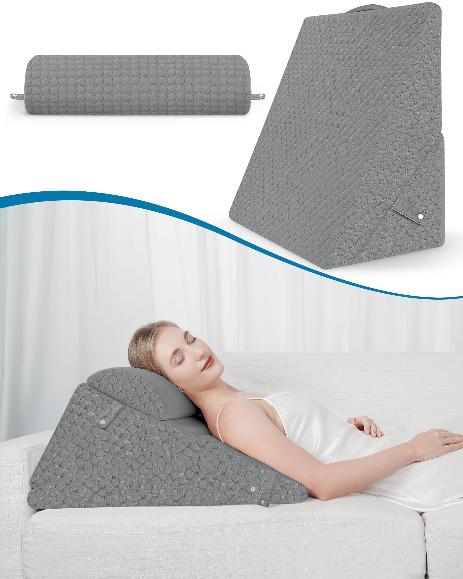 Forias Wedge Pillows Set for After Surgery Foldable Bed Wedge Pillow for Sleeping Adjustable 9&12 Inch Triangle Pillow Wedge with Half-Moon Pillow for Post Surgery Acid Reflux Gerd Snoring - Gray