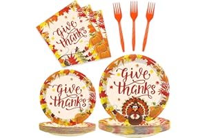 Kepeel 96 Pcs Fall Thanksgiving Party Supplies Give Thanks Party Plates Fall Pumpkin Turkey Autumn Party Plates Napkins Set Disposable Dinnerware Tableware for Thanksgiving Dinner Party, Serves 24