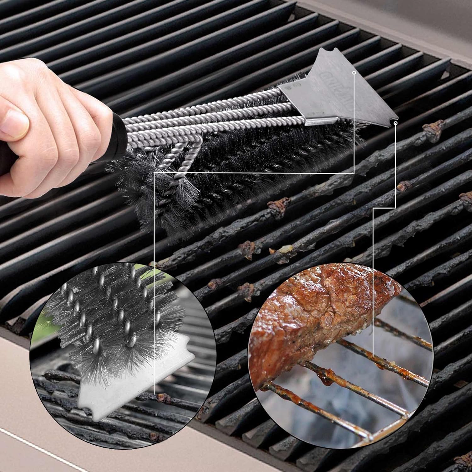 Grill Brush and Scraper - Extra Strong BBQ Cleaner Accessories - Safe Wire Bristles 18"Stainless Steel Barbecue Triple Scrubber Cleaning Brush for Weber Gas/Charcoal Grilling Grates, Best wizard tool: Home & Kitchen