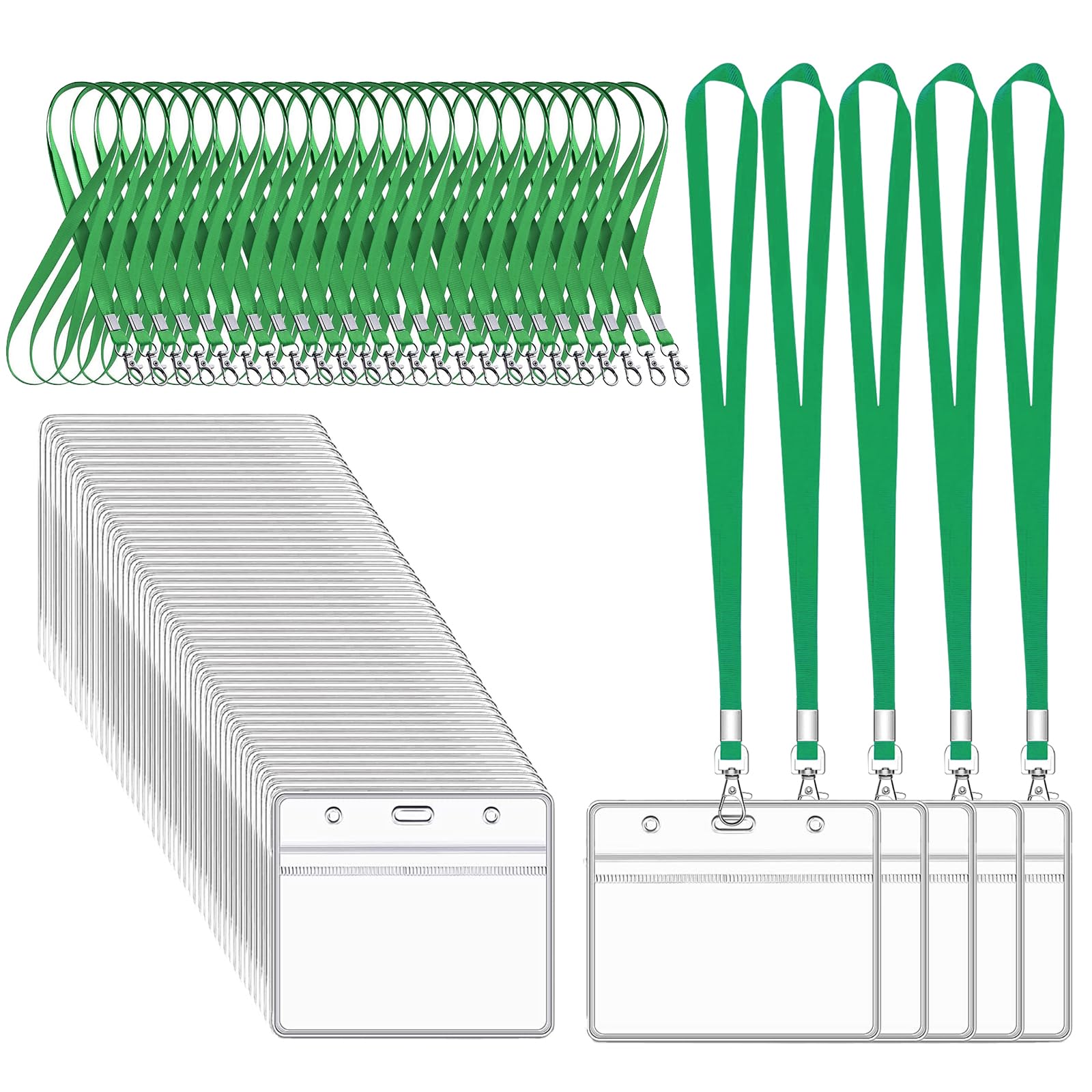 XHDA Green 50PCS Lanyards for Neck with 50PCS Card Holder, Lanyard with Clear Plastic Card Holder for ID Card and Staff