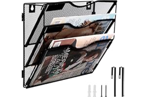 COSYAWN Wall File Organizer, 3 Pocket Hanging Wall File Holder, Foldable Mesh Door/Wall Mounted Paper Magazines Rack Mail Sorter, Black