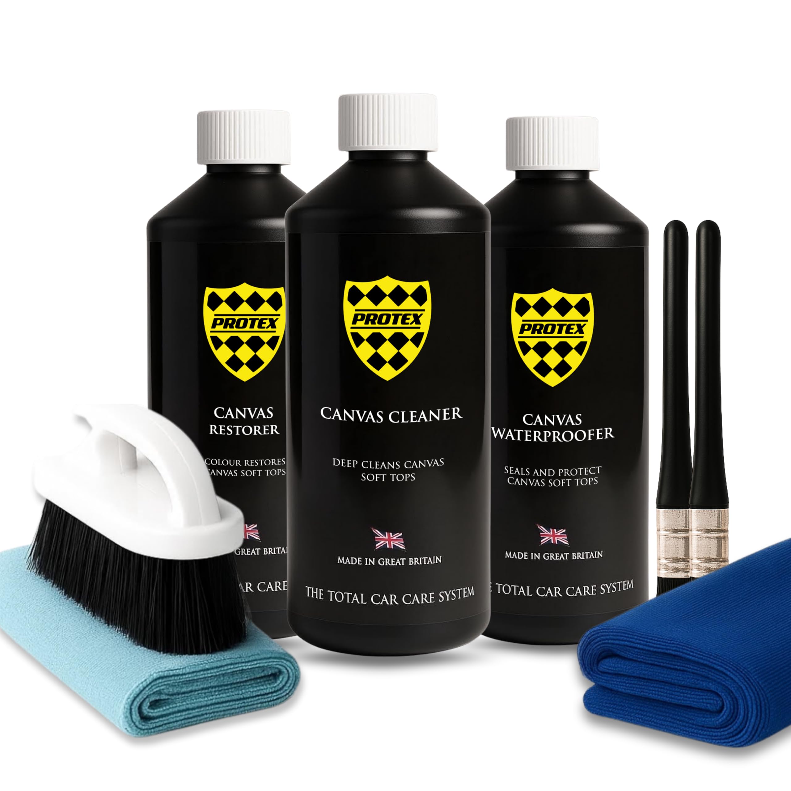 PROTEX Convertible Soft Top Care Kit with Canvas Cleaner, Restorer (Black) & Waterproofer - 500ml, Giant Microfibre Towel, Brushes and Microfibre Clothes - COMPLETE KIT