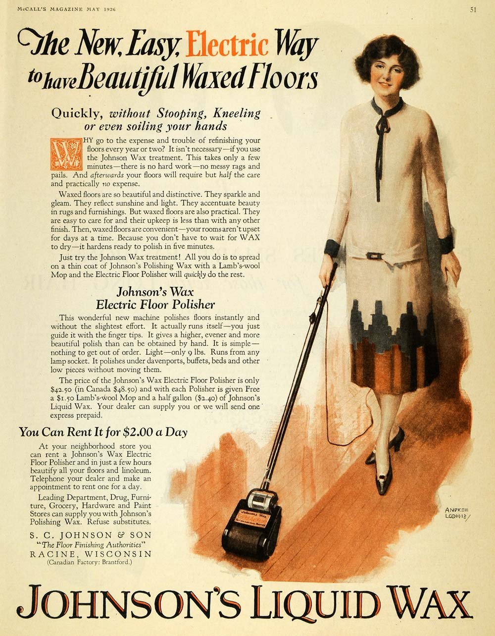 1926 Ad Johnson S Liquid Floor Wax Polisher Loomis Art Original