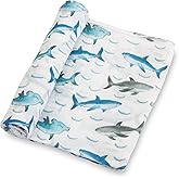LollyBanks Baby Blanket for Boys, 100% Cotton Muslin Swaddle Blankets, 47 x 47 Inches Soft and Breathable Receiving Blankets, Cozy Newborn Swaddle, Baby Essentials, Registry (Shark Print)
