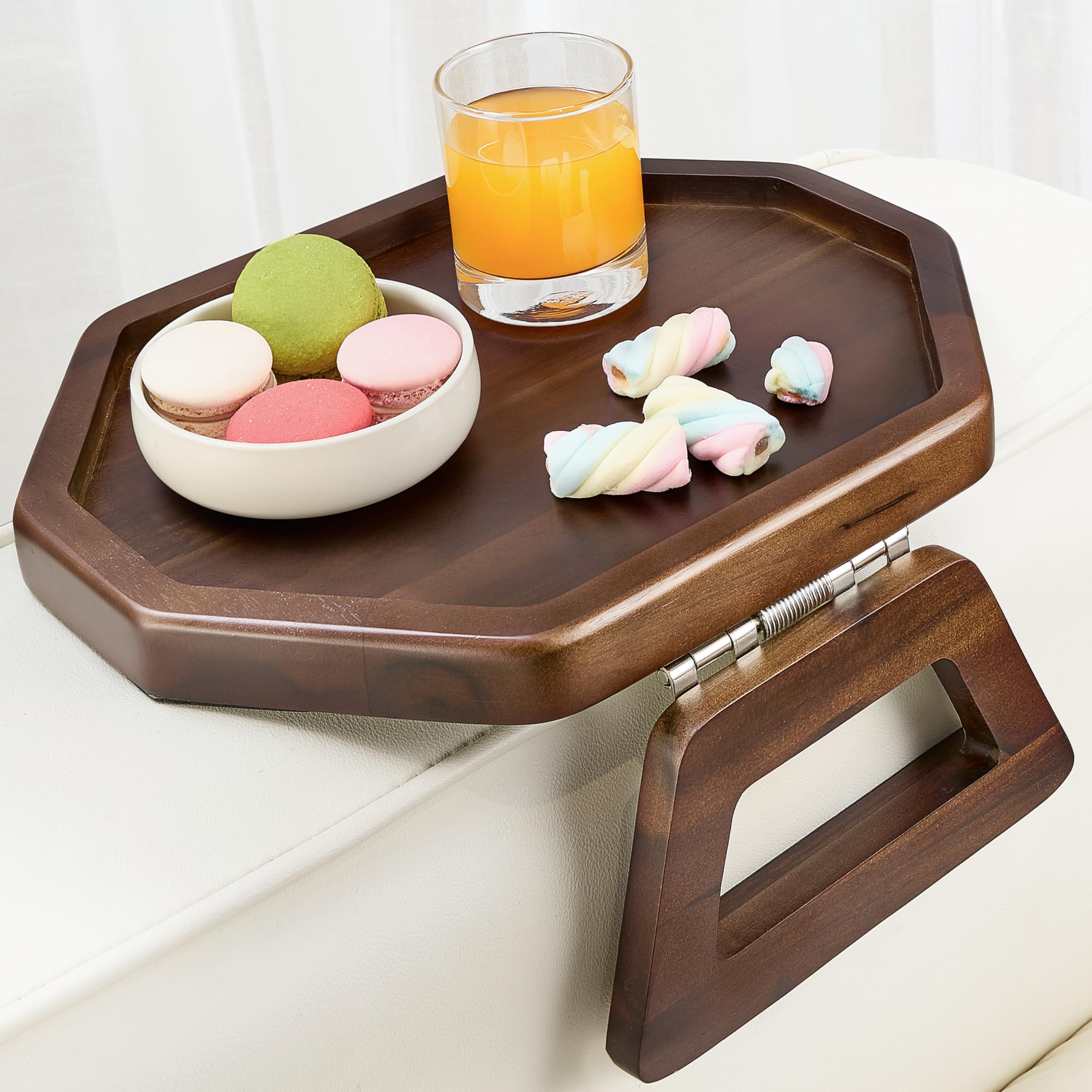 Photo 1 of ***MAJOR DAMAGE*** Tinamo Octagonal Acacia Sofa Arm Tray, Couch Armrest Table with Folding Arms - Couch Accessories, Armchair Caddy, Clip on Tray for Home Sofa Living Room with Adjustable Arm Hinges (Walnut Color)