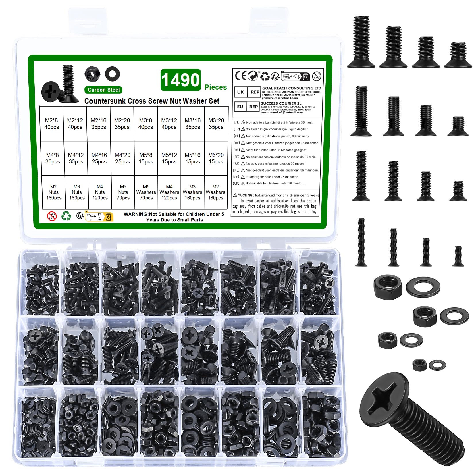Photo 1 of 1490 Pcs M2 M3 M4 M5 Screws and Nuts Set, Countersunk Bolts and Nuts Assortment, Black Phillips Flat Head Machine Screws with Washers Set(M2 M3 M4 M5 Screw Kit, Black)