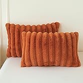 MEGO Pack of 2 Fluffy Faux Rabbit Fur Pillowcases, Soft Striped Plush Fuzzy Bed Pillow Cases with Zipper, Aesthetic Shaggy Furry Ribbed Long Pillow Covers Kid Girls Adult 20x26, Standard, Burnt Orange