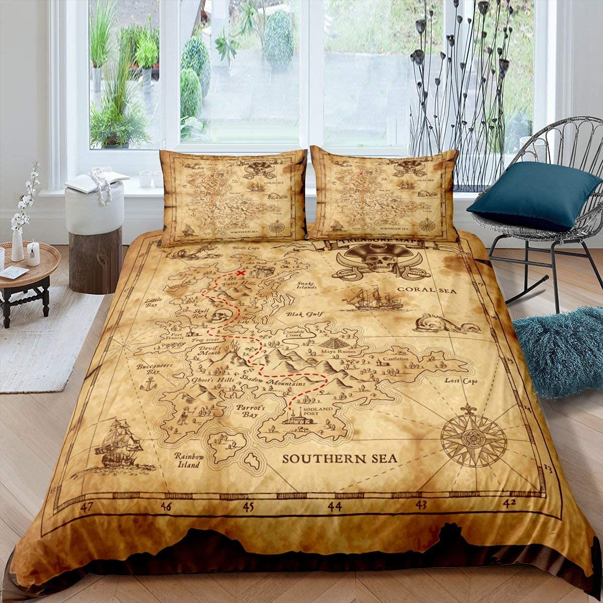 Nautical Duvet Cover Boat Pirate Bedding Set King Size For Kids Boys Teens Adult Retro Sailboat Brown Comforter Cover Anchor Compass Vintage Style Bedspread Cover With 2 Pillow Cases