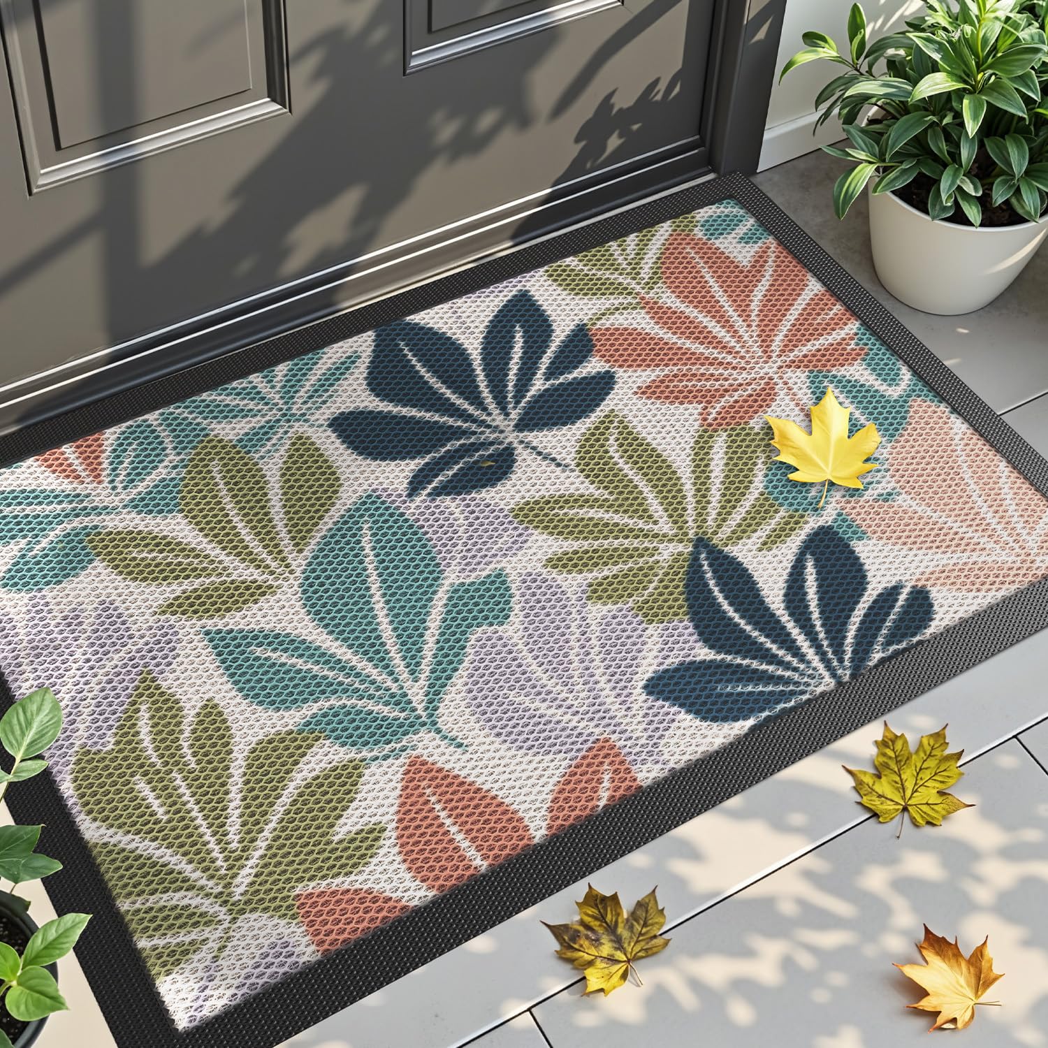 Photo 1 of DEXI Front Door Mat Outside Entrance, Fall Autumn Entryway Doormat Dirt Trapper, Heavy Duty Non Slip Entry Mats for Patio Garage Porch Home Decorative, 17x30, Colorful Leaves