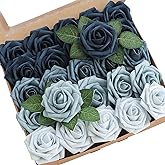 Floroom Artificial Flowers 25pcs Real Looking Dusty Blue Ombre Colors Foam Fake Roses with Stems for DIY Wedding Bouquets Bridal Shower Centerpieces Floral Arrangements Party Tables Home Decorations