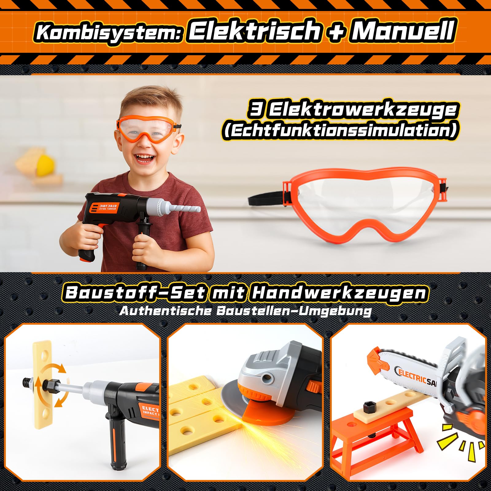 Charmofun Werkzeugkoffer Kinder, Werkzeug Set Kinder mit MotorsäGe & Elektrische Bohrmaschine & Winkelschleifer, Rollenspiel Spielzeug Ab 3 4 5 6 7 8 Jahre Jungen MäDchen (50 Pieces) 6