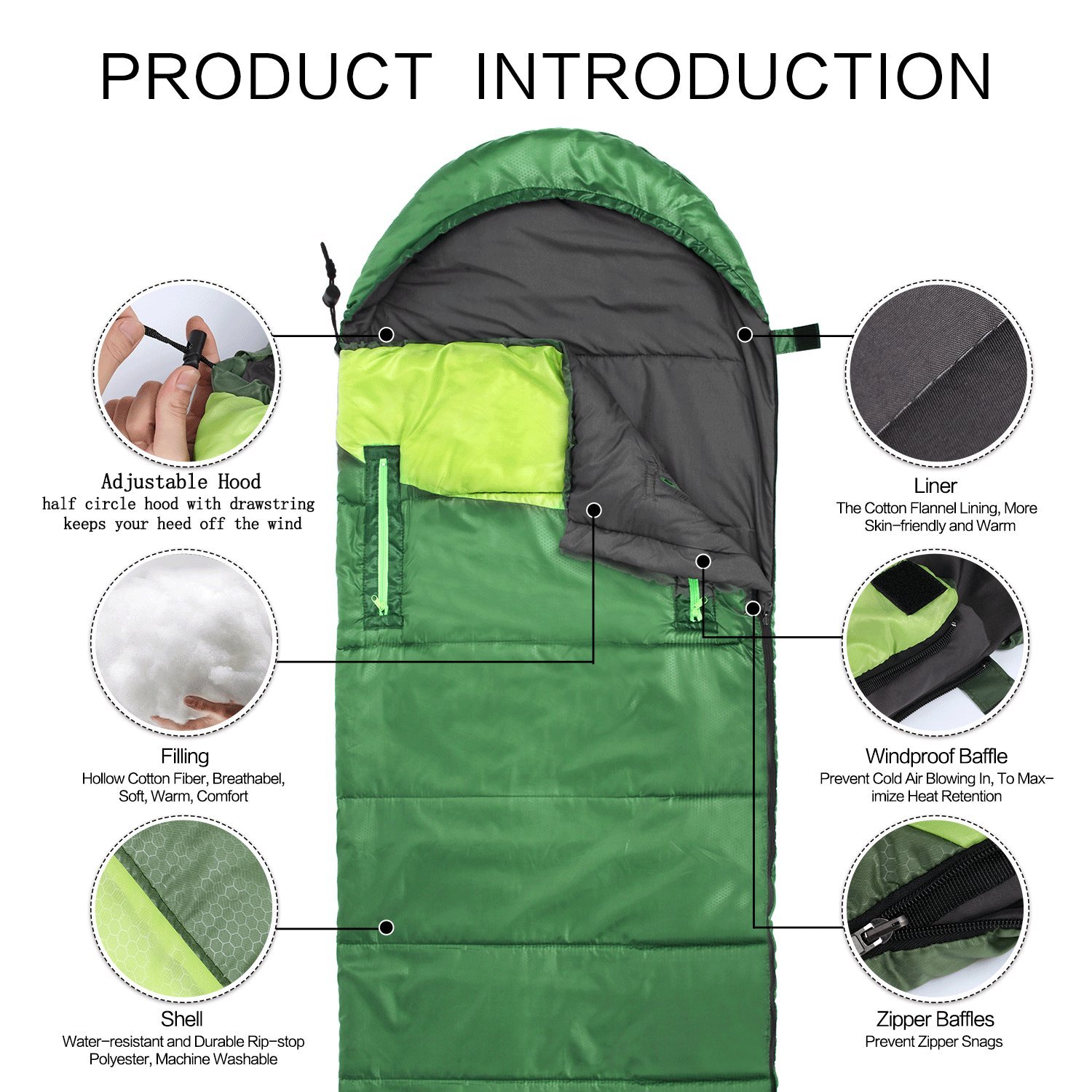 Wintou Sleeping Bag with Compression Sack, 3-4 Season Lightweight Sleeping Bag for Adult Kids Camping Hiking Backpacking Trip, (75 +12) x33 inches