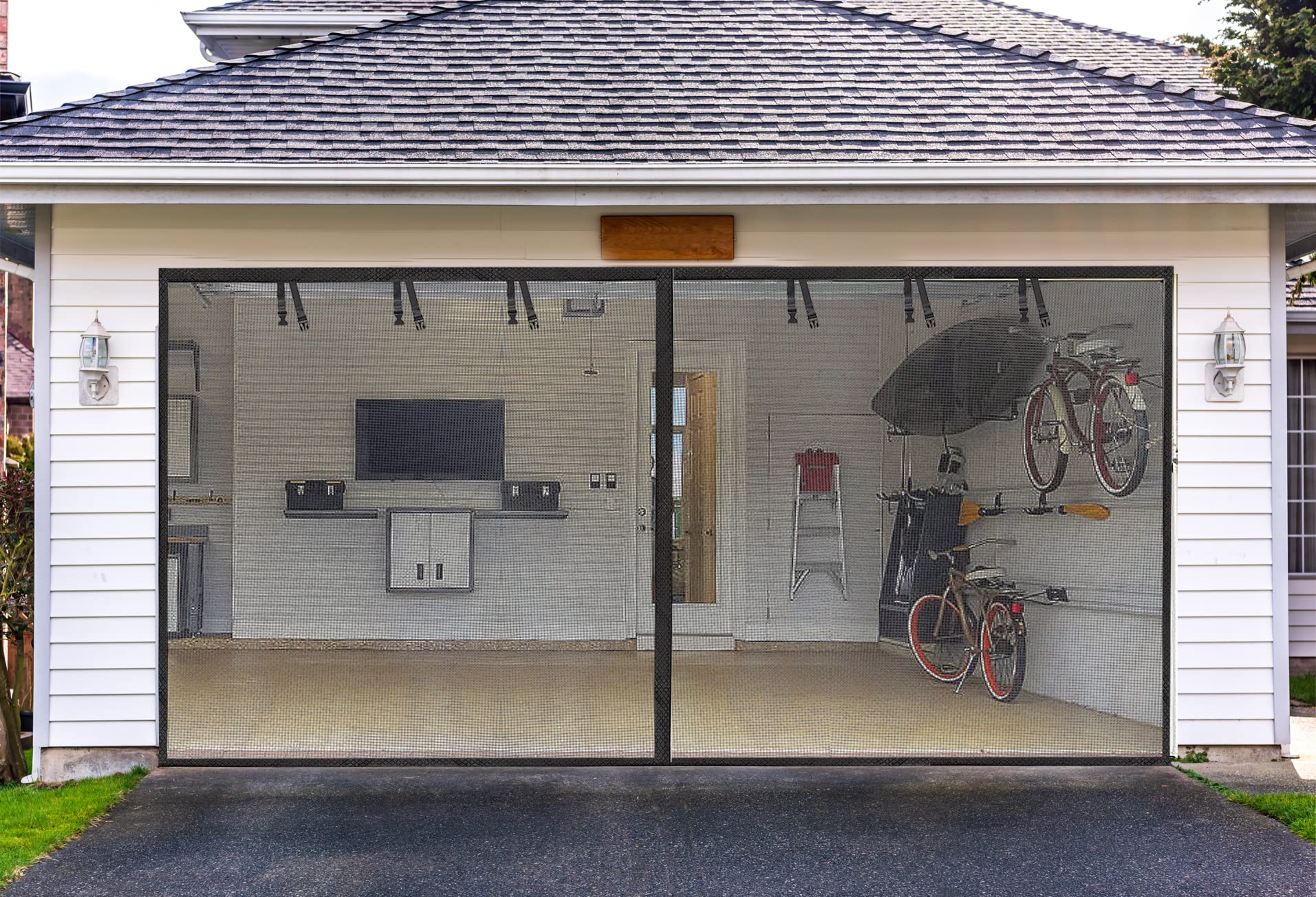 Photo 1 of ?2 Pack? Garage Screen Doors for 2 Car Garage-16x7FT Fiberglass 2300g/5.1lb Durable Heavy Duty Magnetic Garage Door Screen Hands Free with 6 Roll Up Straps for Patio, Outdoor, Gym, Crafts Sun House