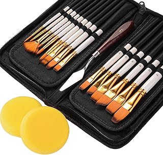 EKKONG Pinselset 18 Stück, Malen Künstlerpinsel für Aquarellmalerei Ölmalerei Flachpinsel Bürste mit Tragetasche, Spachtel und Schwämmen Premium Nylon Pinsel für Anfänger, Kinder und Gemälde Liebhaber