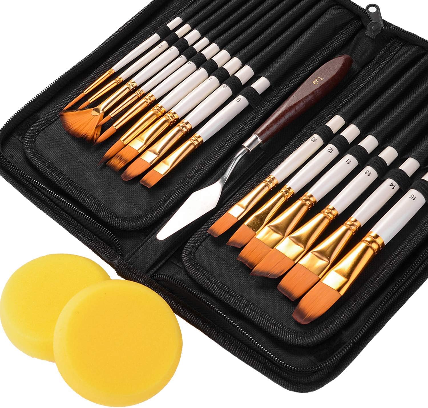 EKKONG Pinselset 18 Stück, Malen Künstlerpinsel für Aquarellmalerei Ölmalerei Flachpinsel Bürste mit Tragetasche, Spachtel und Schwämmen Premium Nylon Pinsel für Anfänger, Kinder und Gemälde Liebhaber