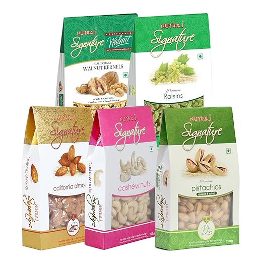 Nutraj Signature Daily Needs Dry Fruits Combo Pack 1 Kg (Almonds Plain 200g, California Walnuts 200g, R&S Pistachios 200g, Plain Cashews 200g, Raisins 200g)