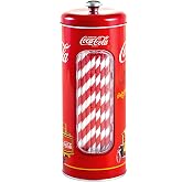 The Tin Box Company Coke Straw Holder Tin with 20 Paper Straws Inside, 3-3/8 x 8-1/4"H, Red and White (771517-12) - Good for 8" Straws or less