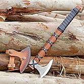 Viking Axe of Ragnar Lothbrok Hunting Axe with Rosewood Handle - Hand-Forged High Carbon Steel Sharp Blade, Handmade Camping Axes, Hatchet-Norse Ax, Tomahawk Vikings Bearded Axes, with Leather Sheath