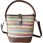 Women's Contrast Color Straw Woven Shoulder Bag Mini Bucket Bag Crossbody Bag