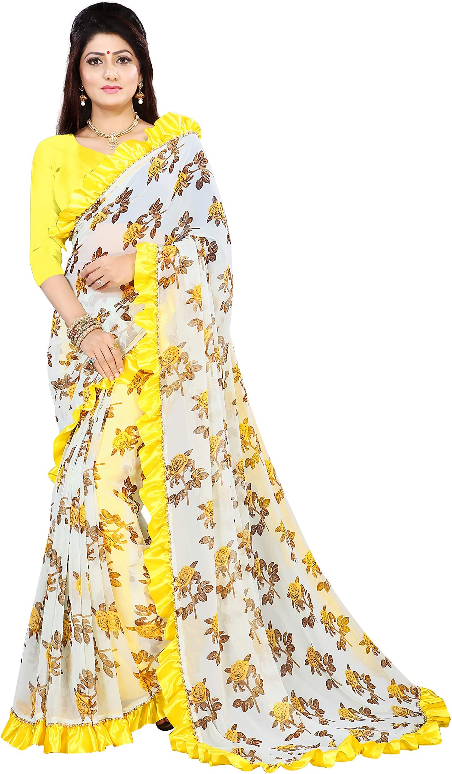 Moksh Corporation Women's Georgette Floral Saree with Moti Frill Lace Border (413, Yellow)