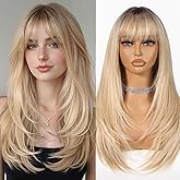 Allbell Ombre Blonde Wigs for Women Long Straight layered Wig With Bangs 22 inch Natural Looking Wig Synthetic Heat Resistant Fiber for Daily Party Use