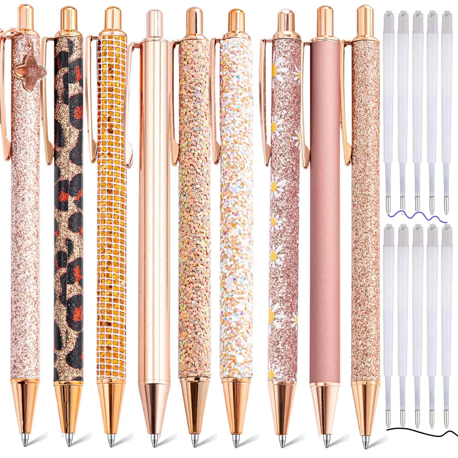 mumrap 9 Pcs Sparkly Pens for Women Fancy Pens with 10 Pcs Black Ink Refills Glitter Pretty pen sets for Ladies Office School Gifts(Rose-gold)