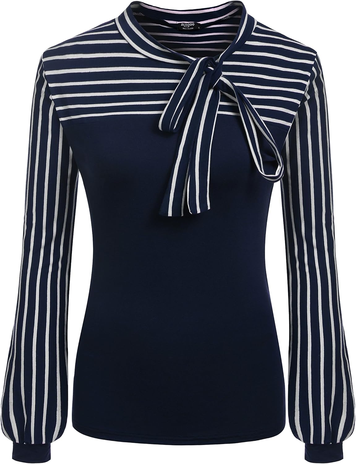 Women's Tie-Bow Neck Striped Blouse Long Sleeve Shirt Office Work Splicing Blouse Shirts Tops