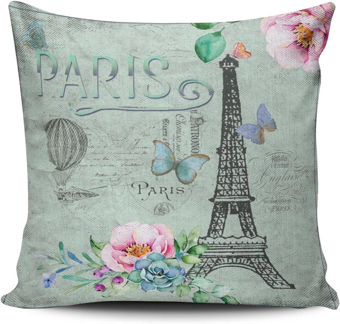 XIUBA Throw Pillow Covers Case Pink and Green Paris Eiffel Tower Flower Floral Vintage Roses Outdoor Decorative Pillowcase Cushion Cover 20 x 20 inch Square Size One Side Design Printed