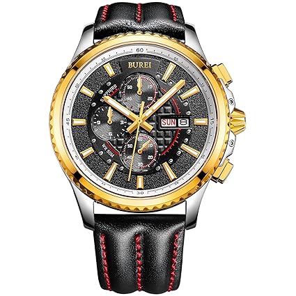 BUREI® Mens Luminous Chronograph Day and Date Watch with Black Calfskin Band, Gold Bezel Black Dial