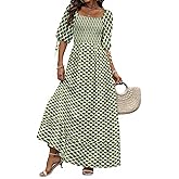 Women Boho Maxi Dresses Summer 2026 Puff Sleeve Square Neck Smocked Aline Casual Ruffle Tiered Flowy Beach Long Dress Pocket