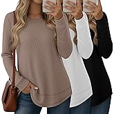 Velvelhall 3 Pack Women's Waffle Knit Sweatshirts Crew Neck Long Sleeve Tops Casual Loose Fit Pullover Tees Curved Hem Shirts