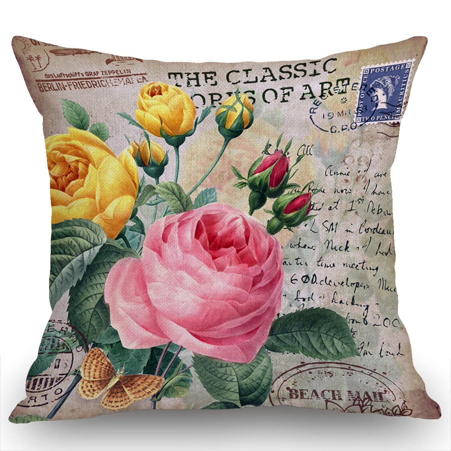 Smooffly Roses Flower with Vintage Butterfly Stamp Retro Style Letter Pink Yellow Red Green Pillow Case Decorative 18 x 18 Inches Outdoor Cushion Couch Sofa Pillow cover