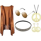 Jeere 5 Pcs 60s 70s Outfits for Women Disco Hippie Costume Clothes Cowgirl Fringe Vest Accessories for Carnival Party