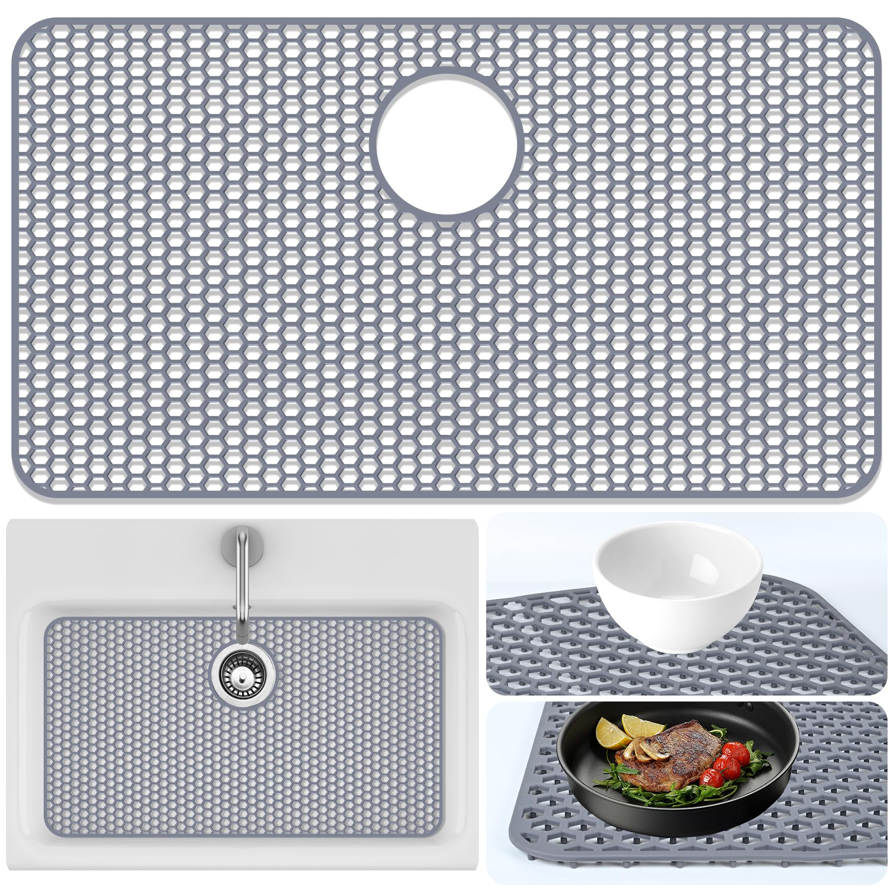 Photo 1 of Inchoco Sink Protectors Mat - 28.3"x15.55" Kitchen Sink Pad for Bottom of Basin for Protection of Stainless Steel and Tableware, Farmhouse Rubber Basin Mat Protector with Rear Drain - Light Gray