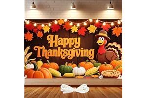JAAILEE Happy Thanksgiving Banner Thanksgiving Photo Backdrop Indoor 71x43 Inch Fall Maple Leaves Turkey Pumpkin Themed Party Decorations with 19.68 Ft Ribbon
