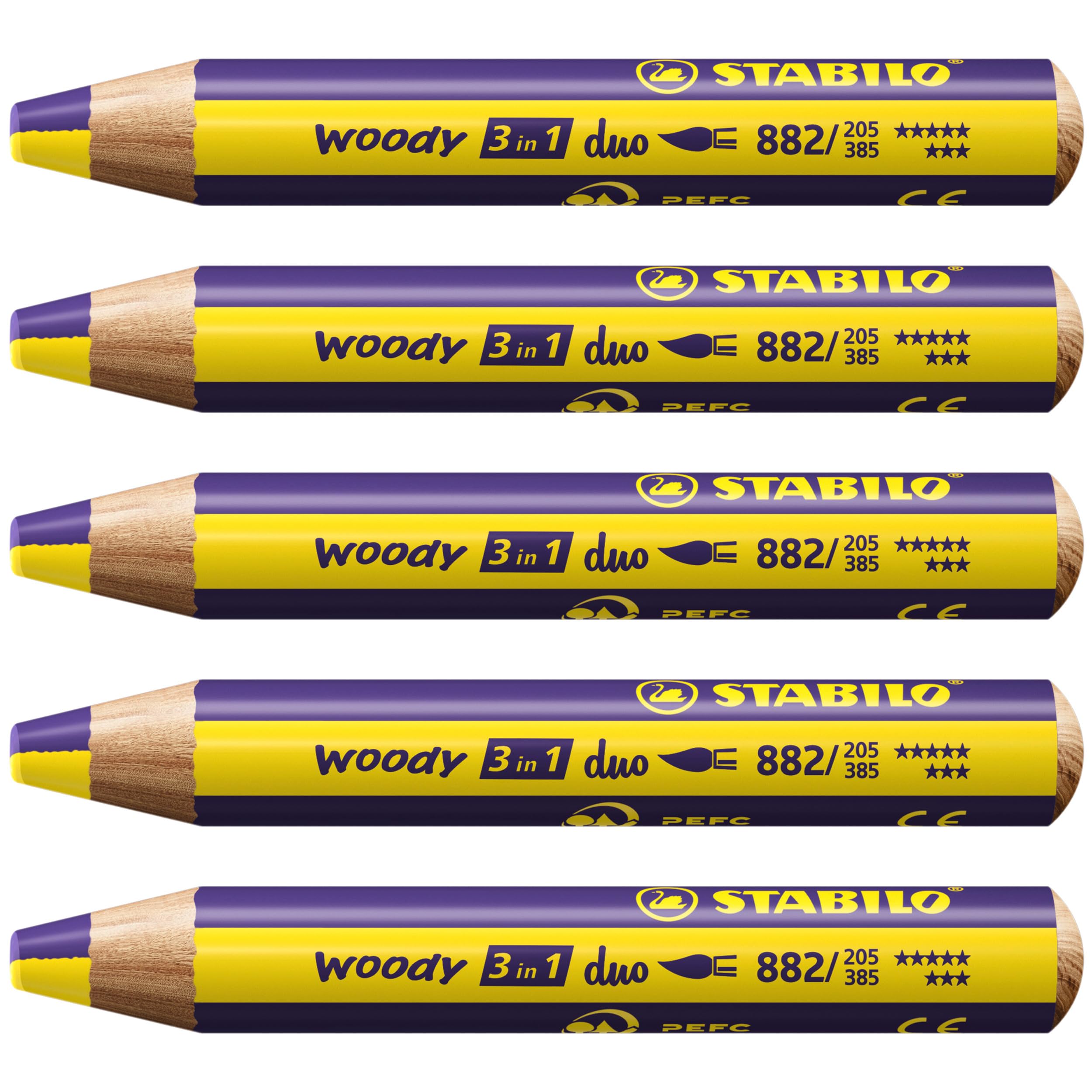 STABILO woody 3-in-1 duo - Multi-Talented Pencil - Pack of 5 - Yellow/Violet