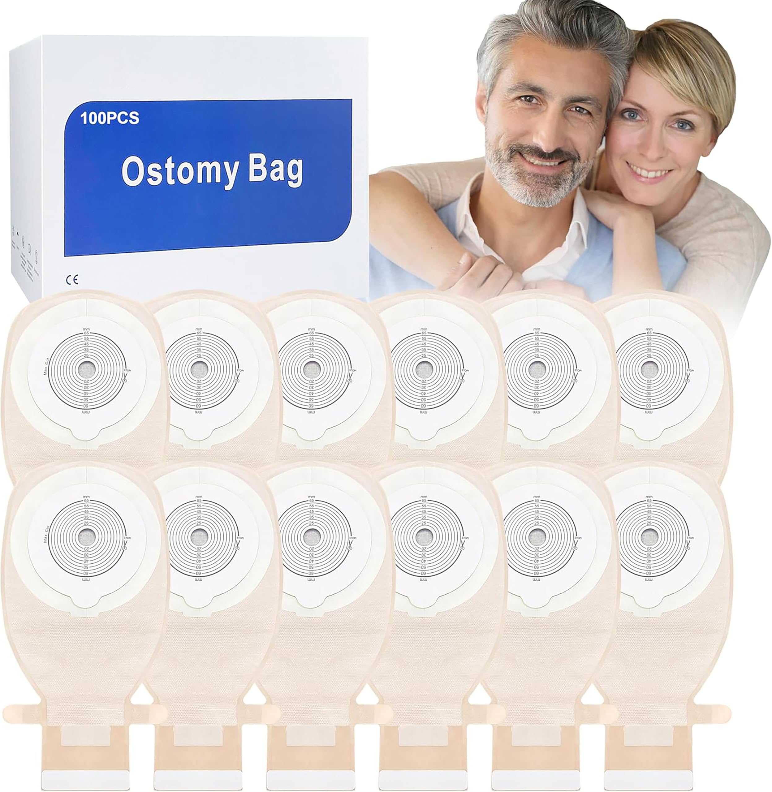 Photo 1 of 100 Colostomy Bags, Ostomy Supplies,One Piece Drainable Ostomy Pouch for Ileostomy Stoma Care, Cut-to-Fit