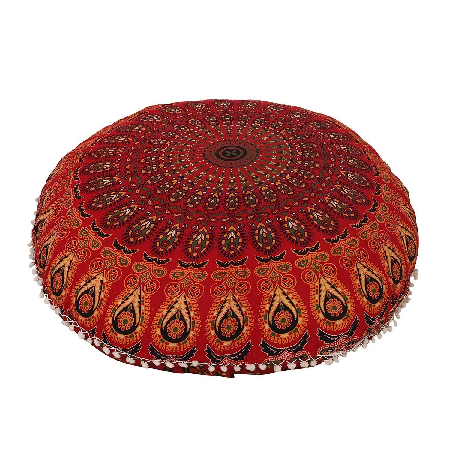 32" Mandala Large Floor Pillow Cover Meditation Cushion Seating Throw Hippie Round Colourful Decorative Bohemian Accent Boho Chic dog bed Indian Pouf Ottoman Handmade COVER ONLY (Peacock-Red)
