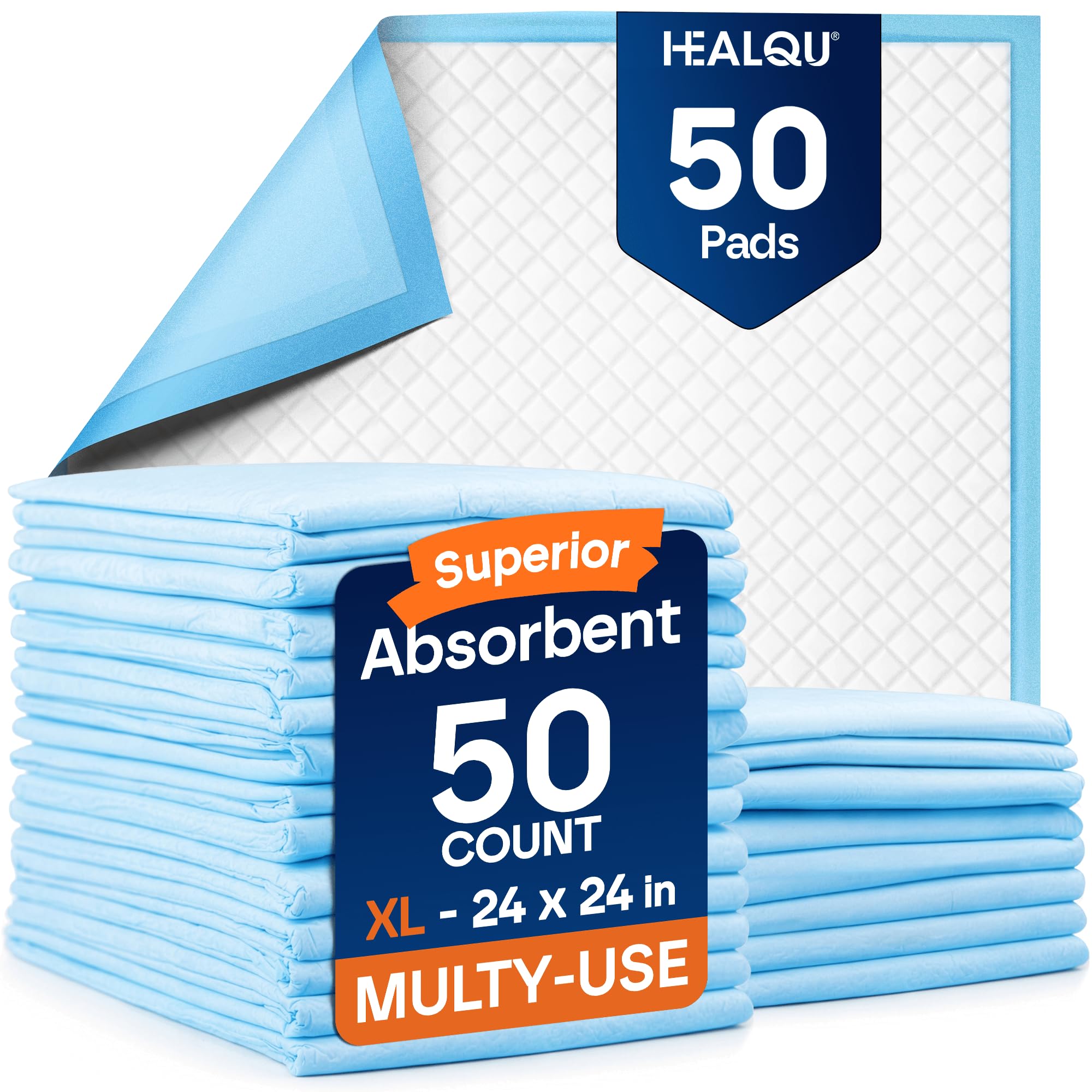 Healqu Puppy Pads - 50-Count, 23x24 - Advanced Leakproof Technology for Housebreaking and Training - Ultra Absorbent Puppy Pee Pads - Ideal for Dogs, Puppies, & Cats - Attractant Pet Training Pads