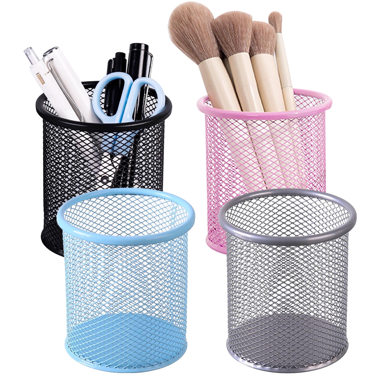 Marte Vanci Mesh Pen Holder, Pen Pots for Desk, Metal Pencil Cup, Desktop Makeup Brush Holder, Sturdy Desk Stationery Organiser for Home Office School Classroom Storage Multicolour 4 Packs