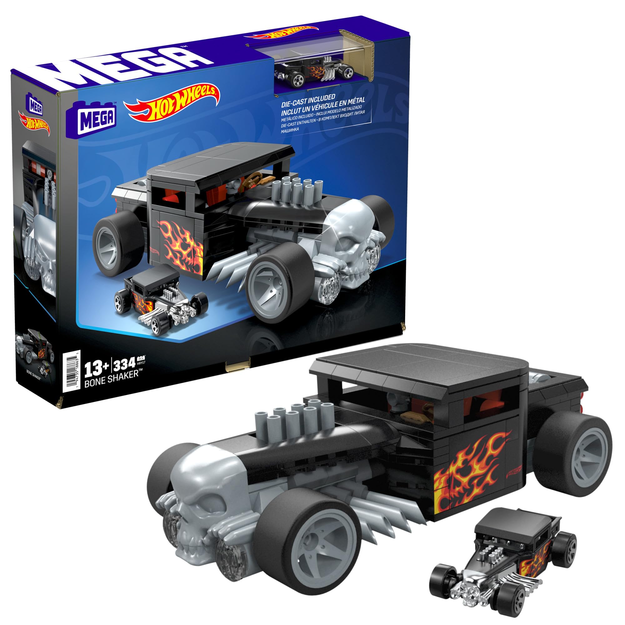 MEGA Hot Wheels Race Car Building Toys Set, Bone Shaker with 334 Pieces and Metal Die-Cast Model, Collector Replica, Black and Chrome, Kids & Adults, HRY17