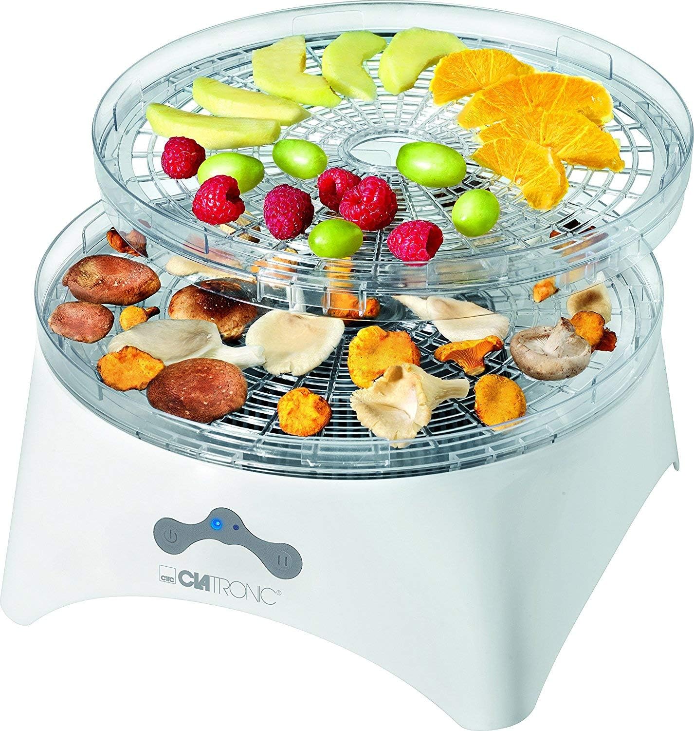 Clatronic DR 3525 Dörrautomat (300 Watt, trocknet Obst, Gemüse, Kräuter, Fleisch und mehr, 5 stapelbare Ebenen, 2 Temperaturstufen) weiß