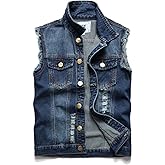 JUDIGODR Denim Vest Men Lapel Sleeveless Slim Fit Retro Ripped Casual Jean Vest for Men's