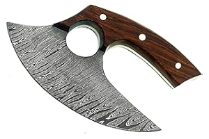 POSHLAND TTC-111 Handmade Damascus steel Ulu kitchen Knife -Wood Handle (Wood/Damascus)