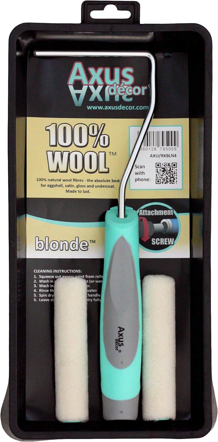 Axus Decor 100% Wool 5PC Roller Kit (Blonde Series) Paint Rollers Sleeves (2 Pcs), with Paint Tray & Frame