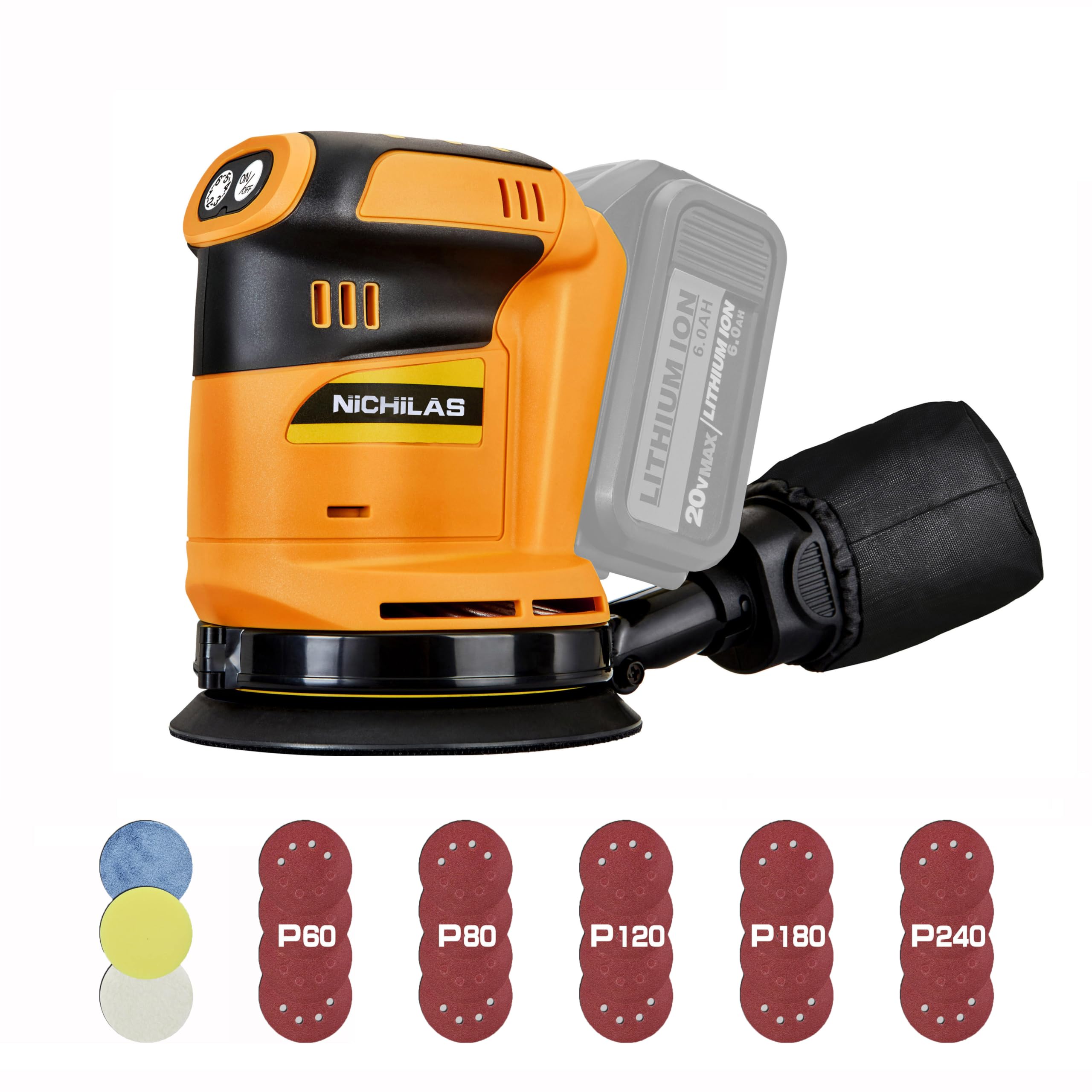 Nichilas Orbital Sander Cordless Brushless 6 Speeds Max 21000RPM, 5 ...