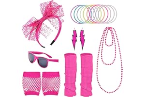 80s Costume Accessories Set, 80s Outfits for Women, Lace Headband Earrings Fishnet Gloves Bracelet Leg Glasses for 80s Party
